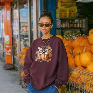 Burgundy Fall Pumpkin Sweatshirt – Cozy Autumn Crewneck with Polka Dot Bow